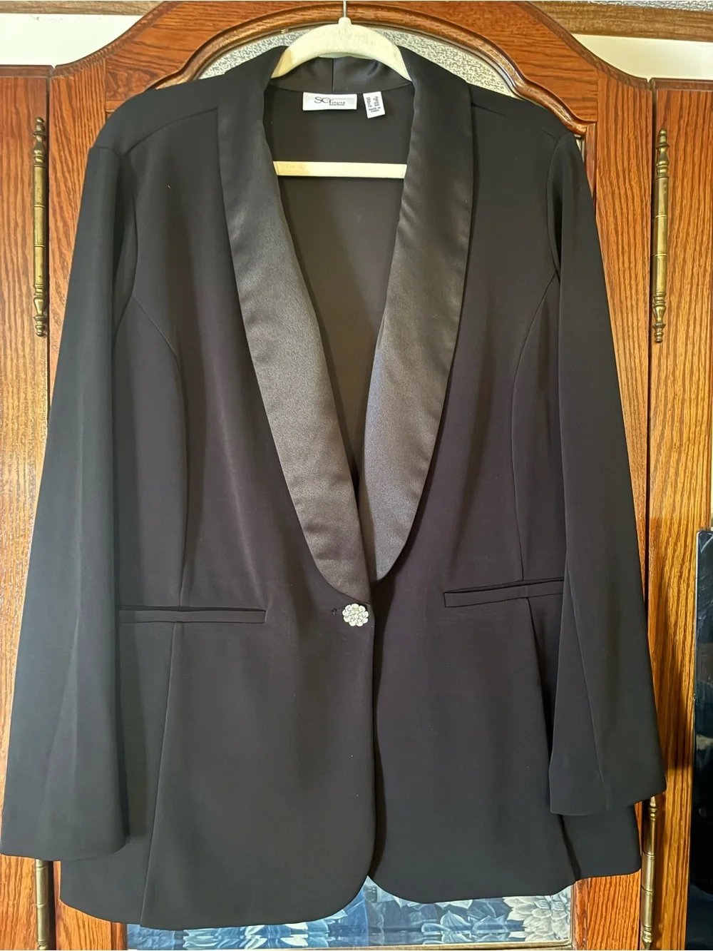Susan Graver Black Satin-Lapel Blazer with Decorative Button